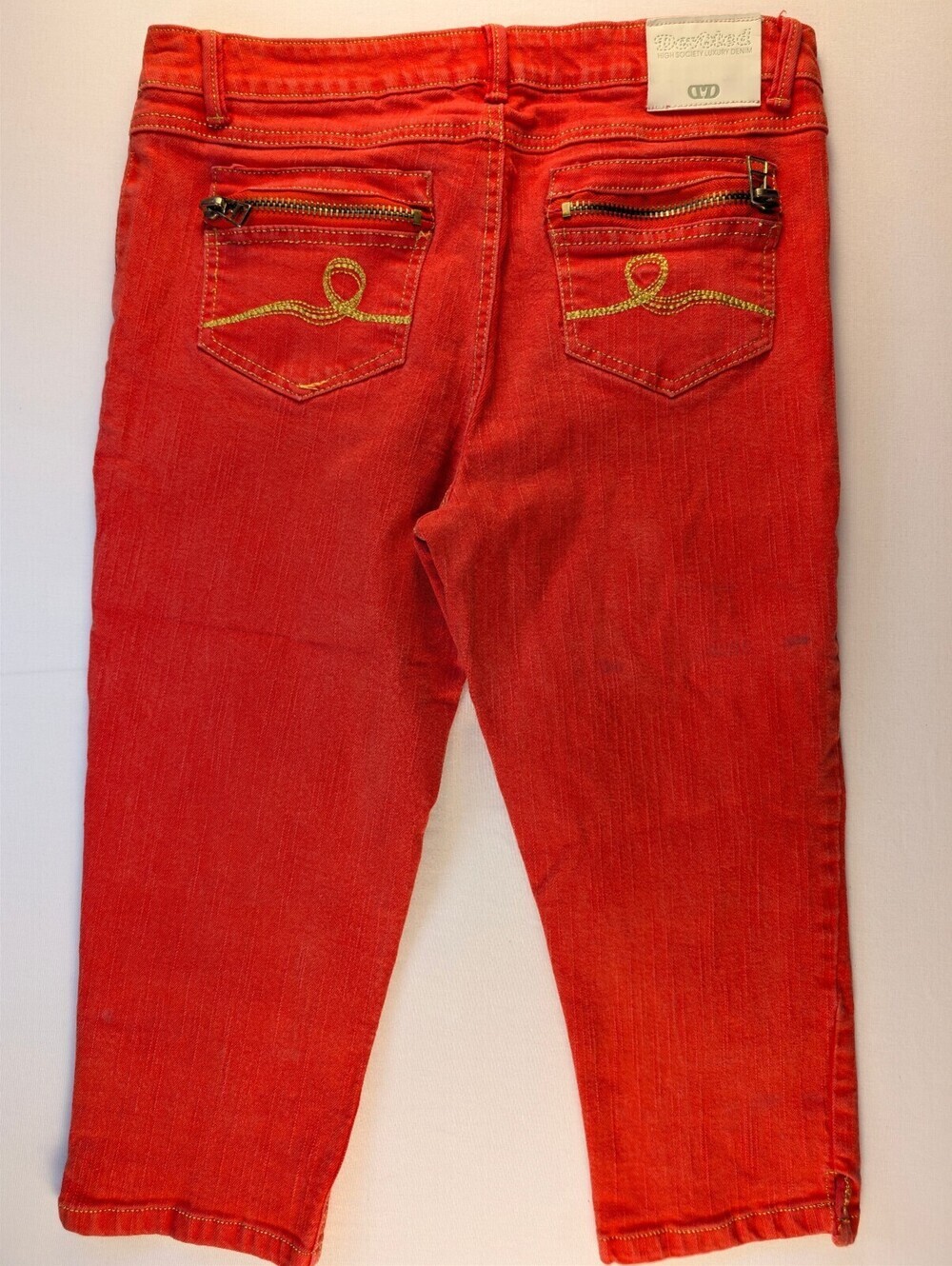 Devoted Women's Orange Red Cropped Denim Embroidery Pockets Jeans Size 30